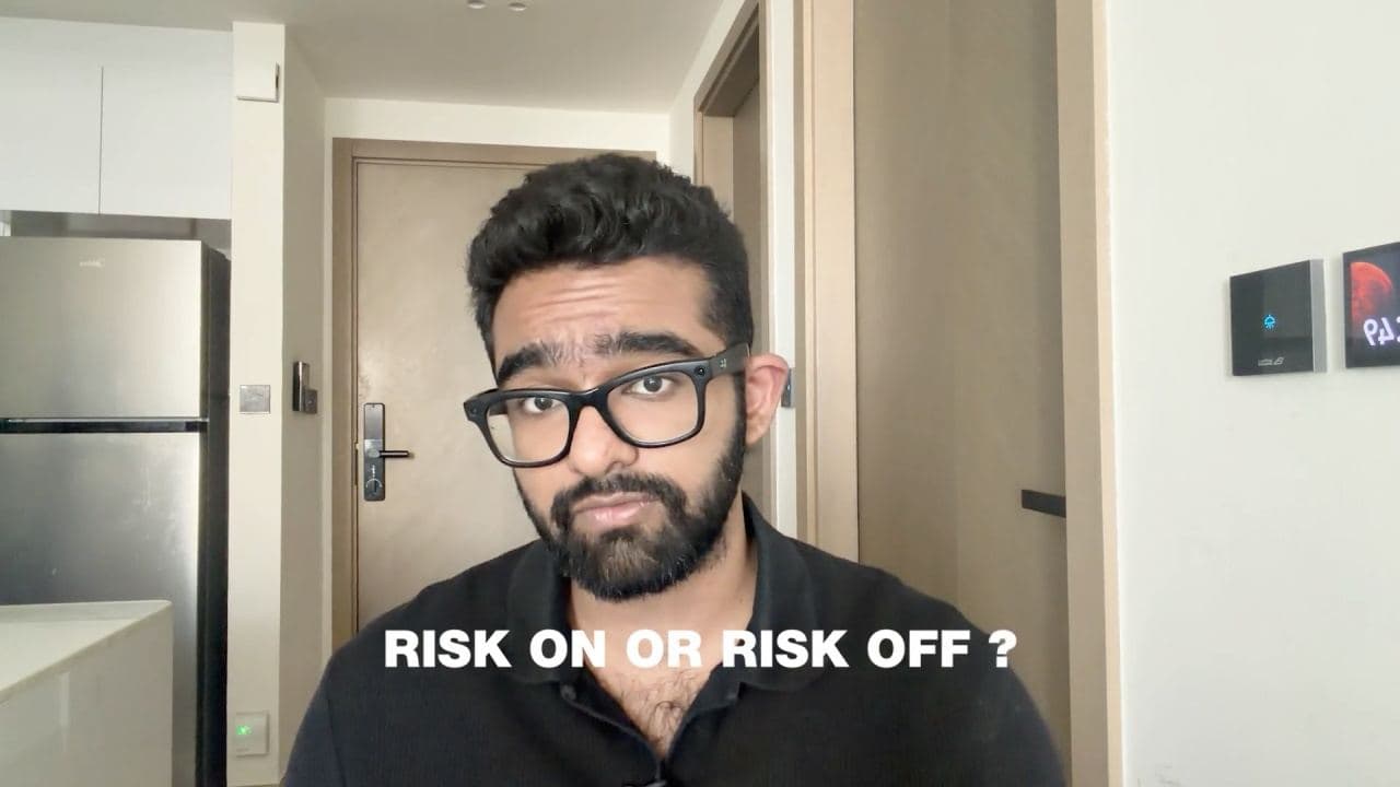 The TradeEasy founder on camera, with the caption "Risk on or risk off?"